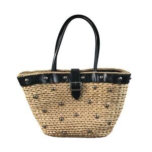 CASABLANCA Handmade Studded Straw Tote Bag Tan M/L Festival Beach Market Boho